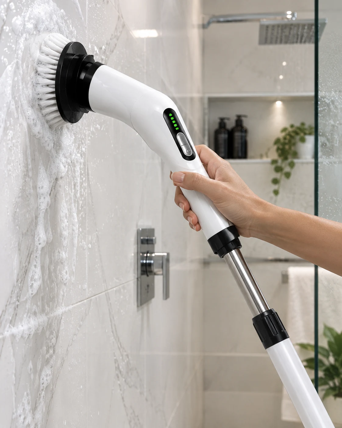 KLEORA PowerScrub being used on a tiled bathroom wall